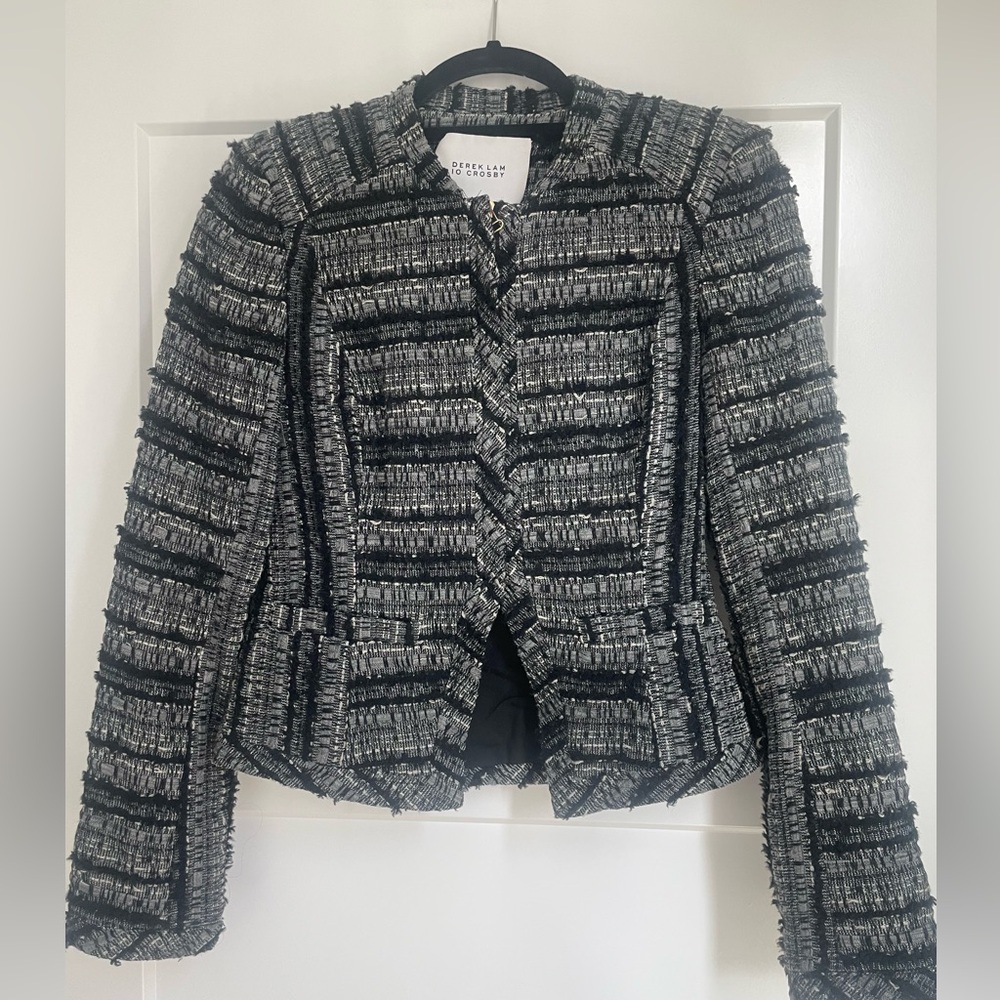 Derek Lam 10 Crosby tweed blazer jacket zip up black white cotton wool womens 4